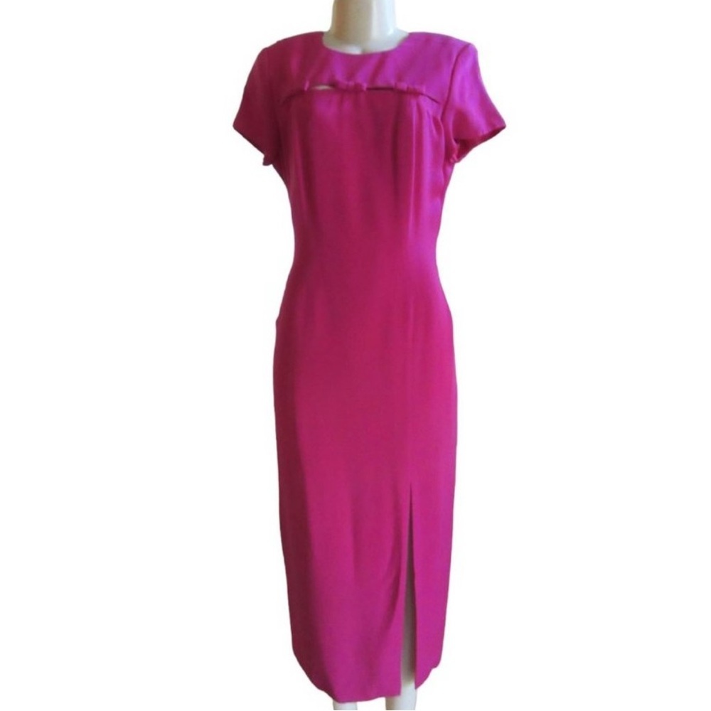 Vintage Adrianna Papell Short Sleeve Silk Fuchsia Maxi Dress w Cut Outs in Sz 10